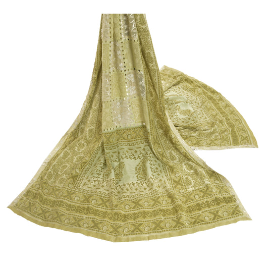 Sanskriti Vintage Dupatta Long Stole Green Crepe Printed Patchwork Scarves